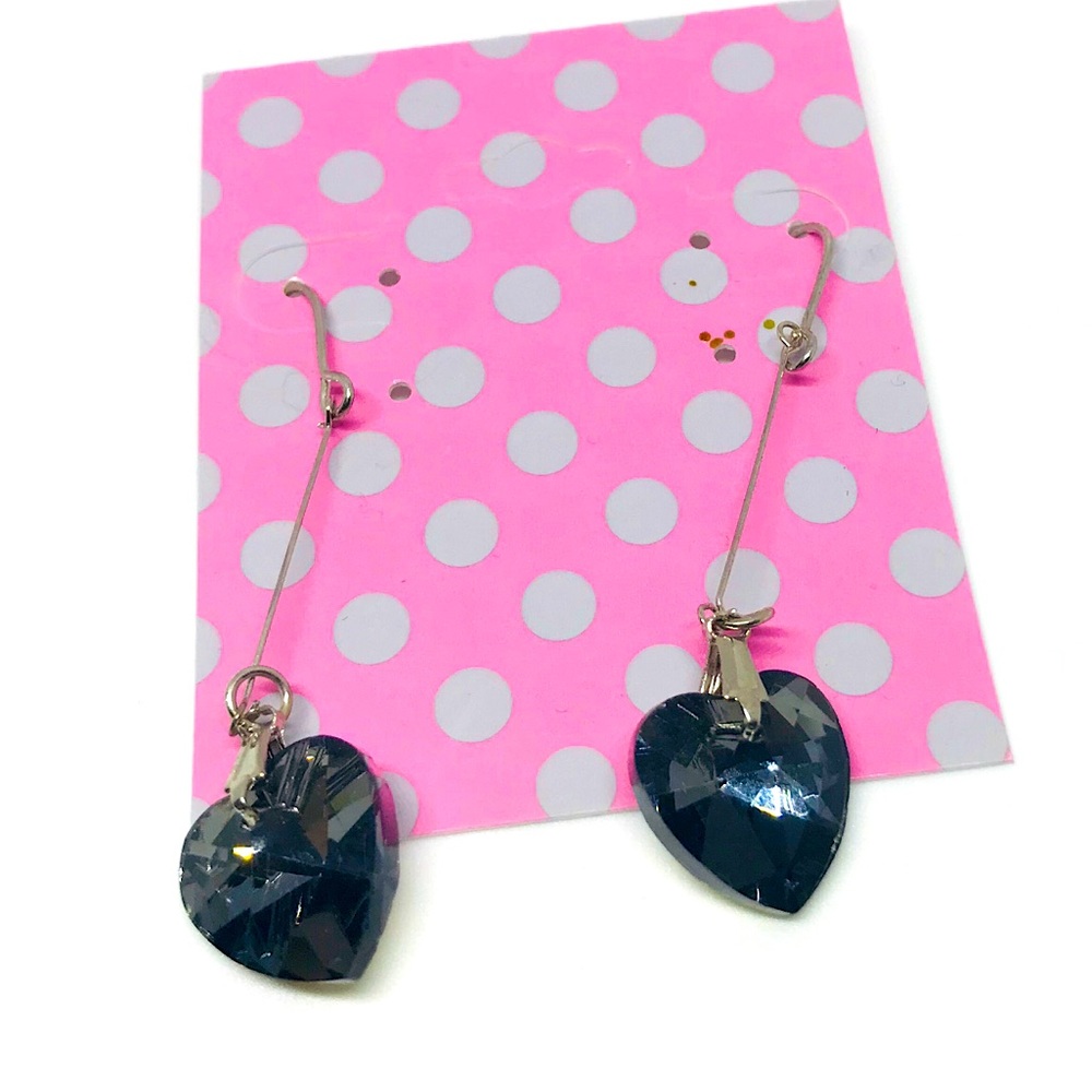 Vintage Gunmetal Grey Crystal Vintage Deadstock Heart Earrings Glam Glitz Trendy